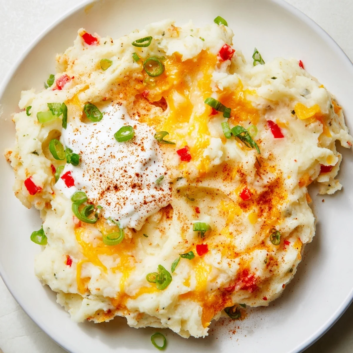 Creamy Tex Mex mashed potatoes topped with melted cheddar and fresh cilantro