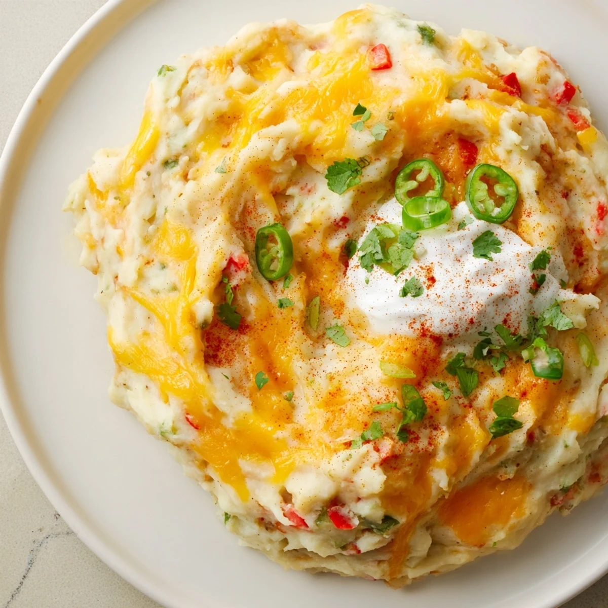 Golden Tex Mex mashed potatoes garnished with green onions and jalapeño slices