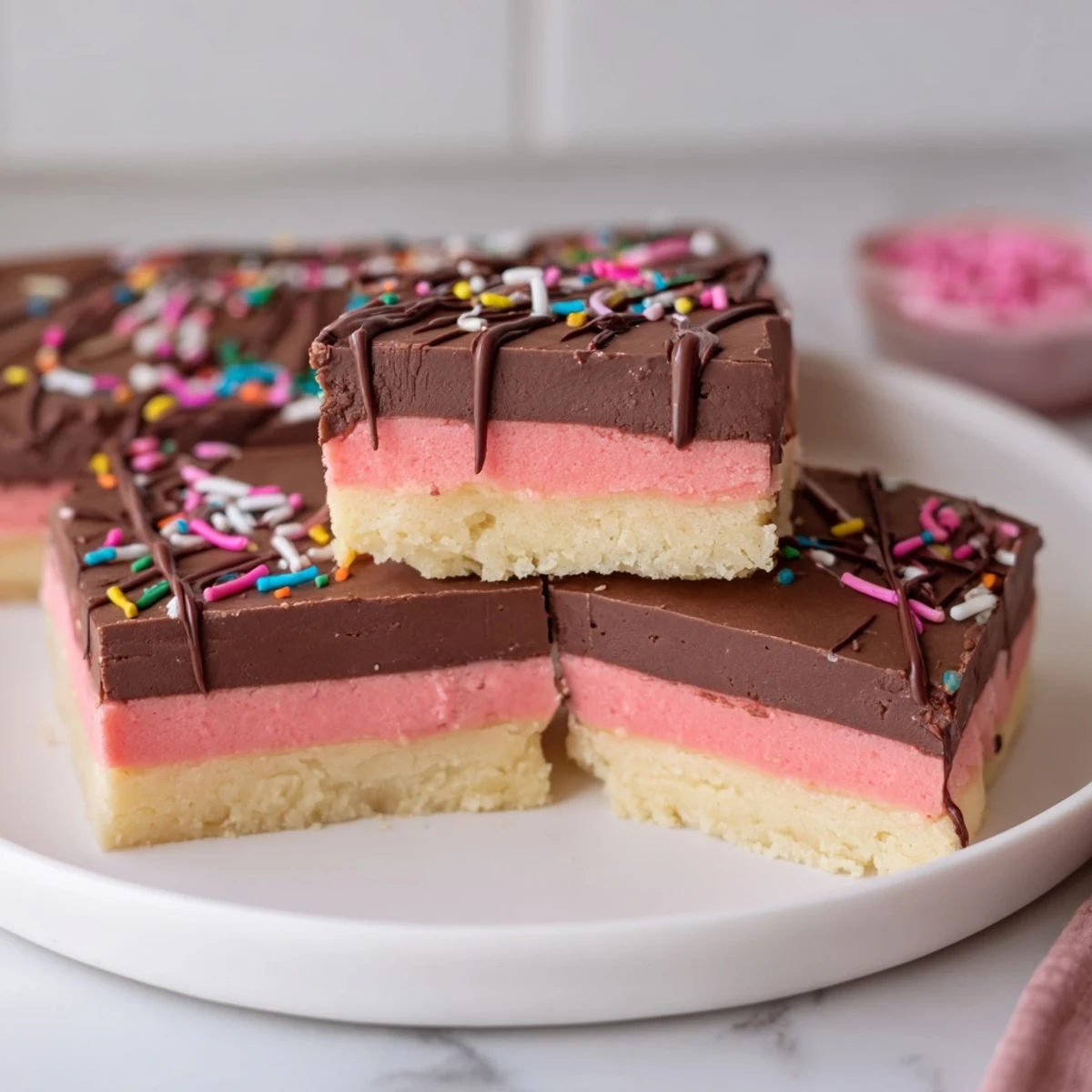 Colorful Neapolitan cookies layered with chocolate, vanilla, and strawberry on a rustic baking sheet