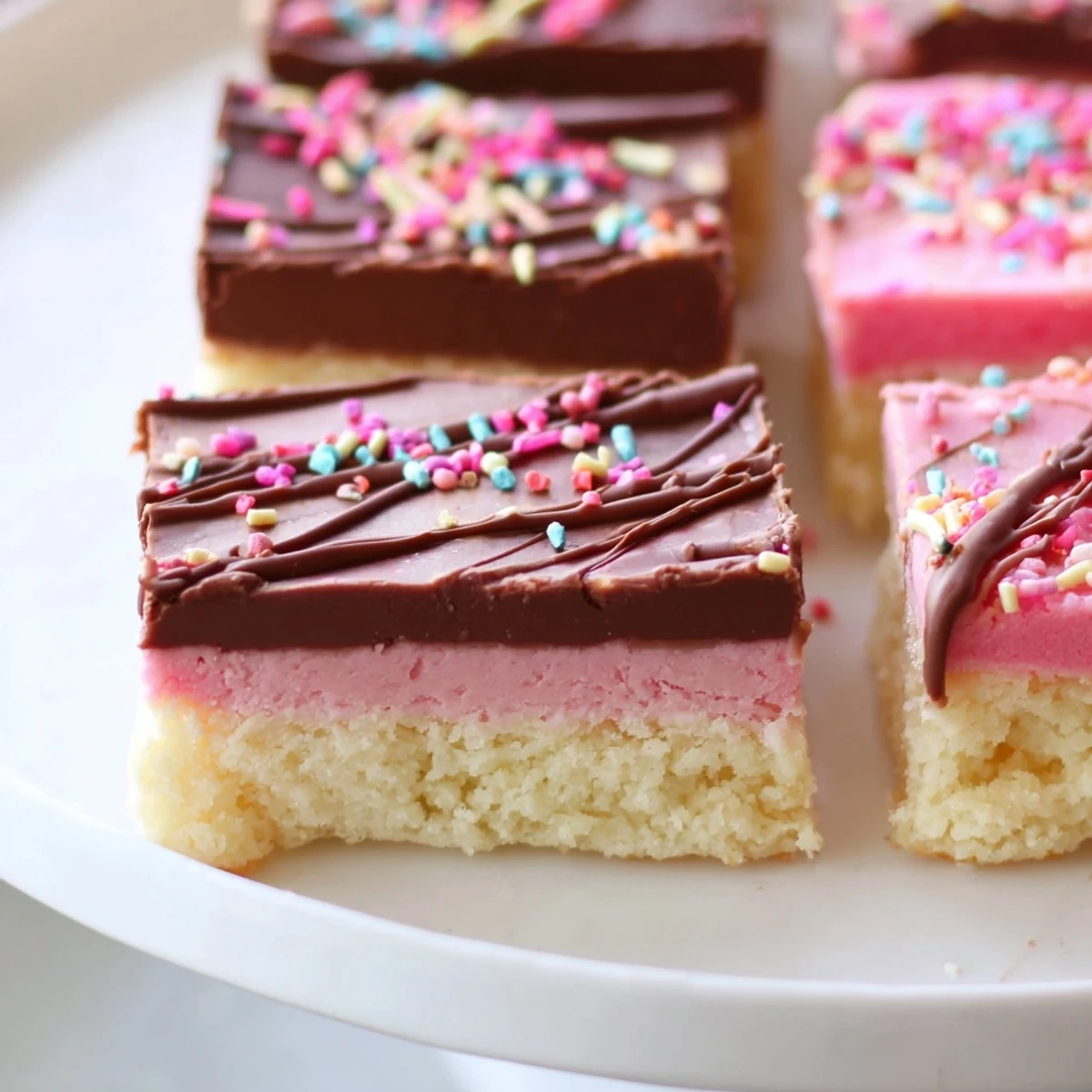 Neapolitan cookies sliced into neat bars showing tri-colored layers with a chocolate drizzle