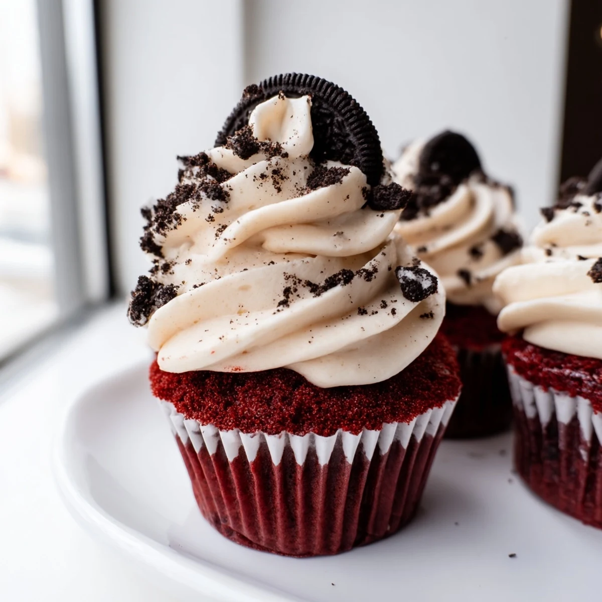 Red Velvet Oreo Cupcakes topped with creamy cookies and cream frosting on a rustic plate
