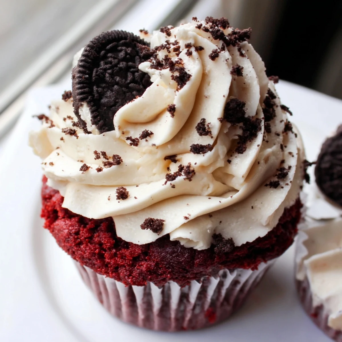 Freshly baked Red Velvet Oreo Cupcakes with thick swirls of white cream cheese frosting