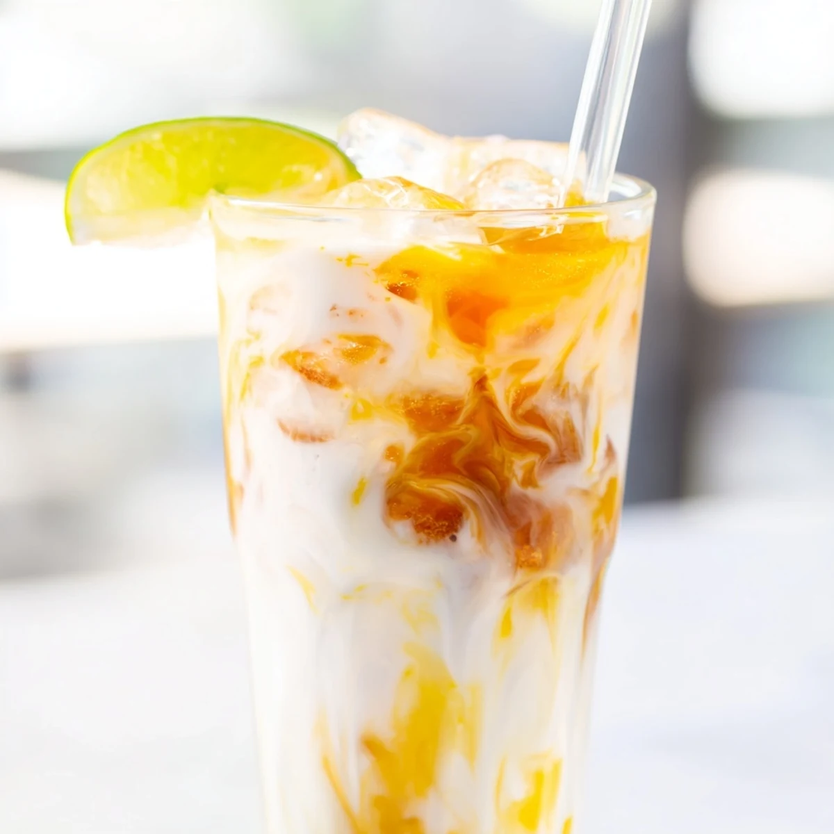 Tropical Thunder Dirty Soda in a tall glass with creamy swirls and fresh lime garnish