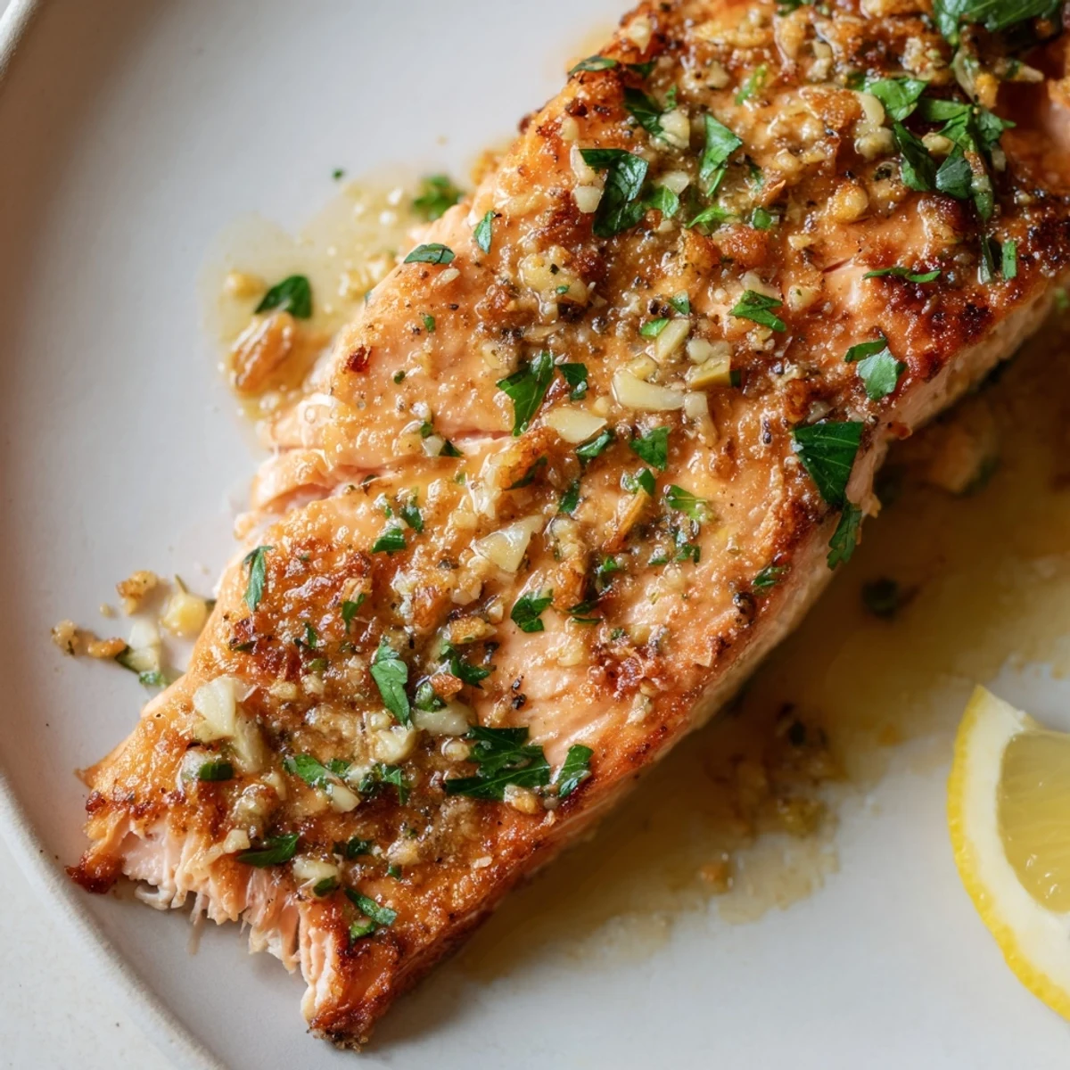 Golden garlic butter salmon fillet garnished with fresh parsley and lemon wedges on a white plate