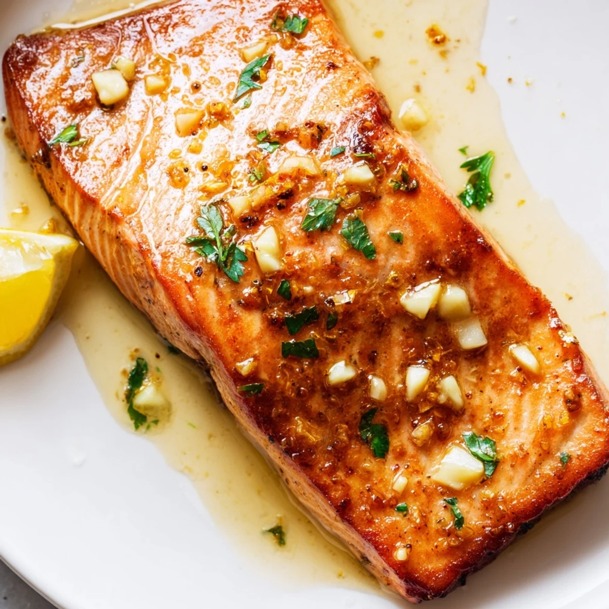 Sizzling garlic butter salmon drizzled with rich lemon butter sauce in a cast iron skillet