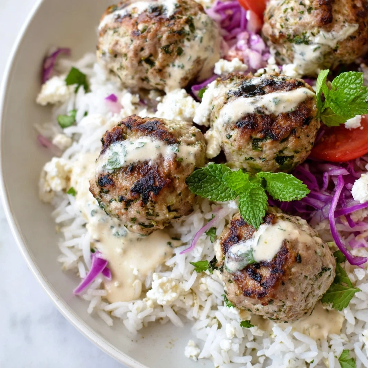Golden zaatar-spiced turkey meatballs nestled over fluffy rice with vibrant crisp vegetables and creamy tahini