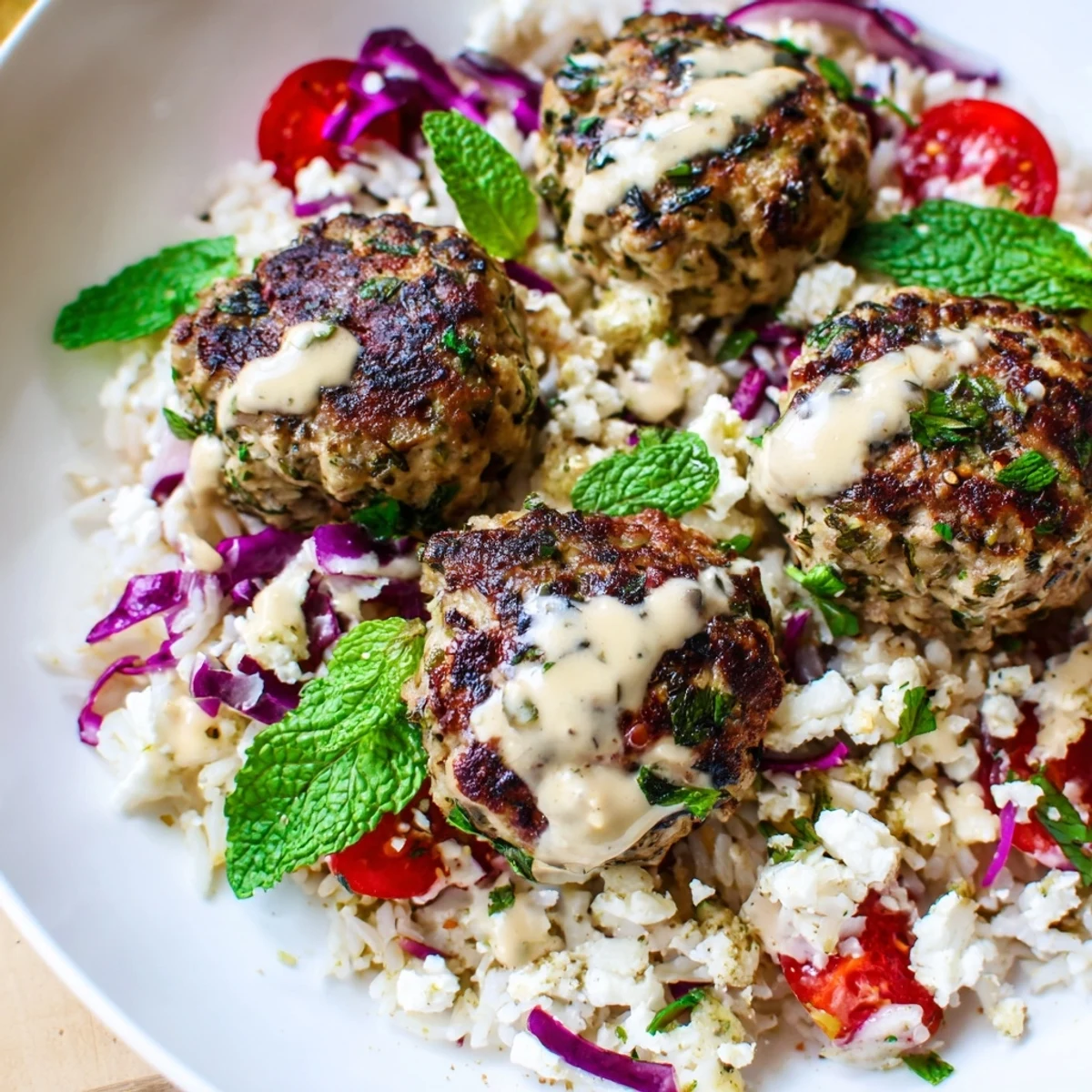 Mediterranean zaatar turkey meatball bowls drizzled with rich tahini beside colorful fresh crunchy vegetables