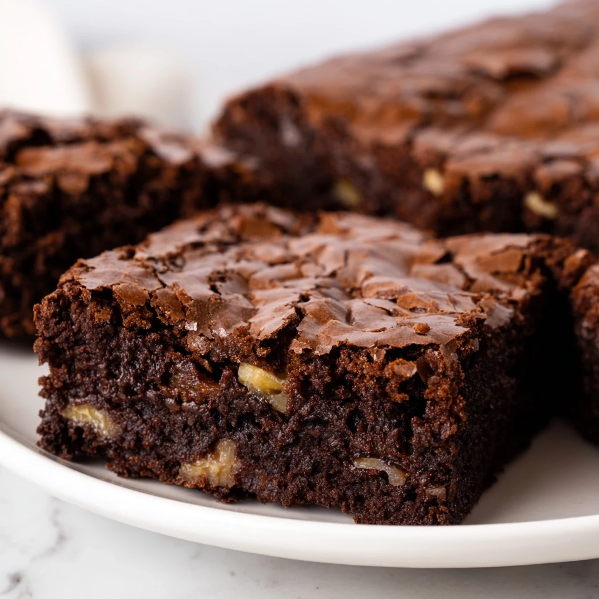 Fudgy brownies with a crackly crust, cut into gooey squares on a rustic cutting board