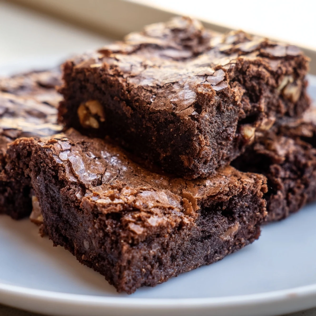Decadent chocolate brownies with toasted walnut pieces, displayed on a white ceramic plate
