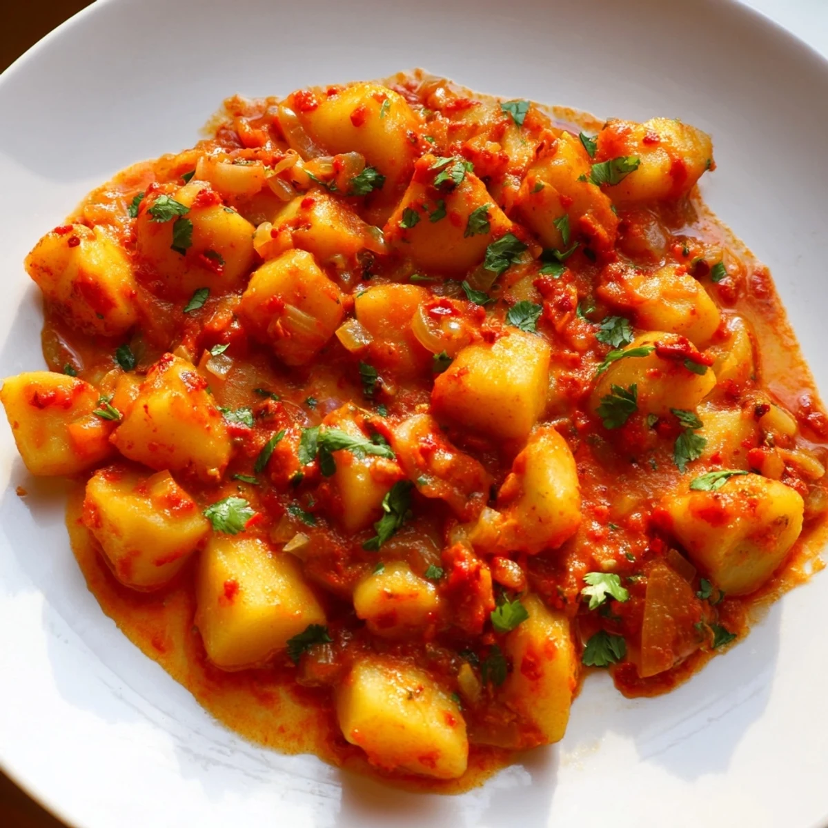 Golden papas con chile simmered in a rich, mildly spicy red tomato jalapeño sauce