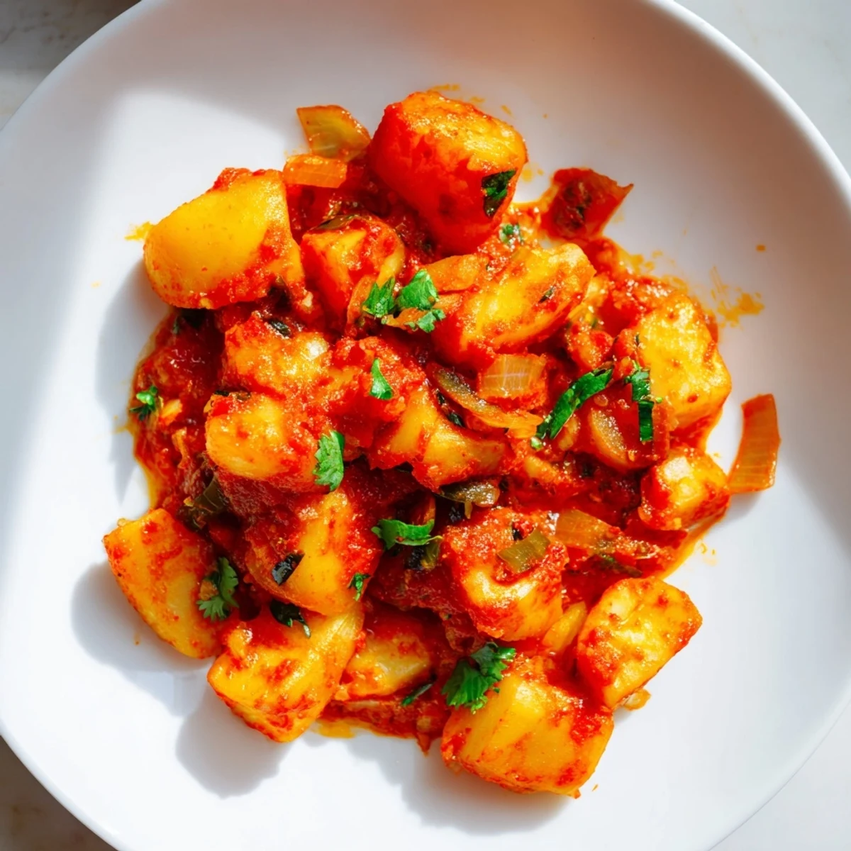 Creamy tender potato cubes in papas con chile topped with fresh green cilantro