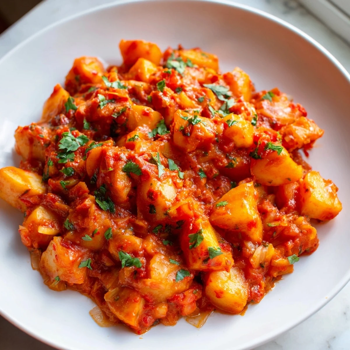 Steaming skillet of papas con chile served with warm tortillas for a comforting meal