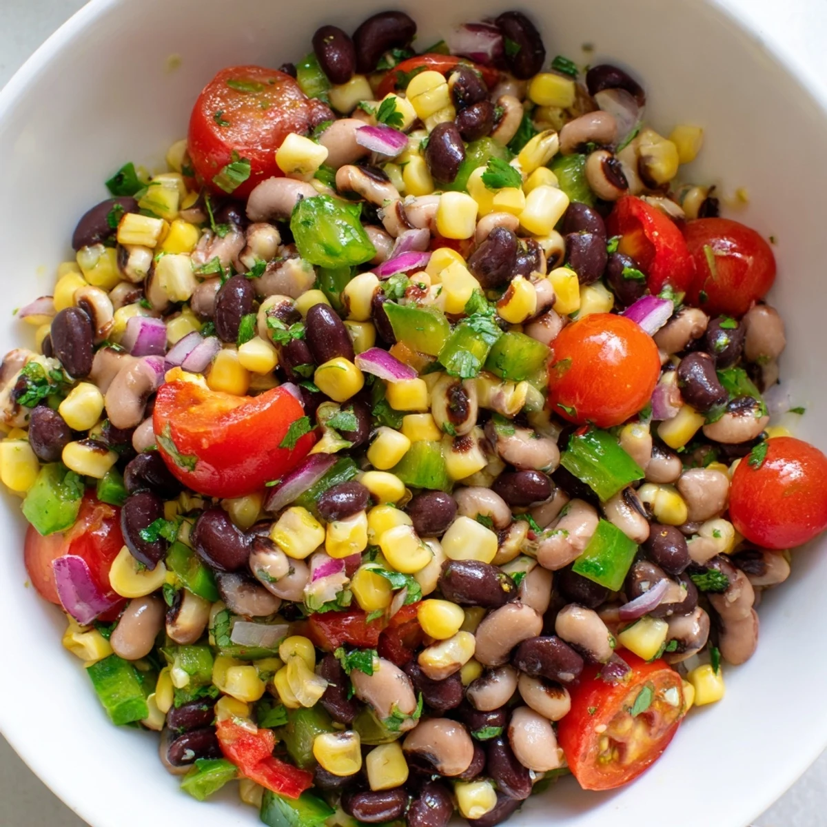 A colorful cowboy caviar recipe served in a rustic bowl with tortilla chips