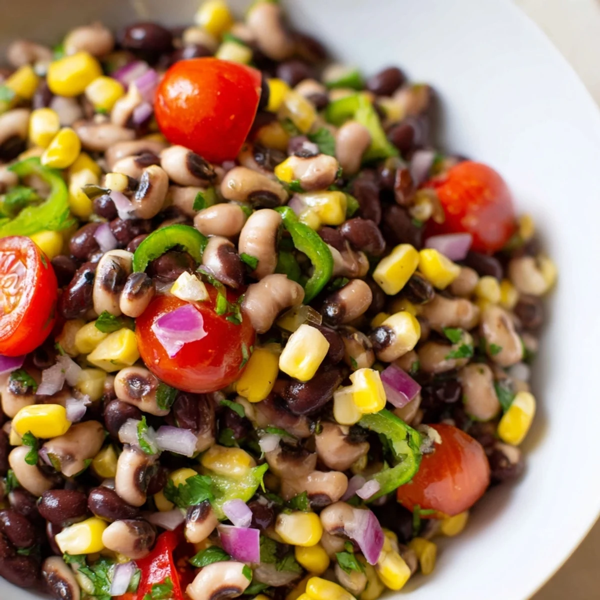 Cowboy caviar recipe showcasing black beans, corn, and bell peppers in lime dressing