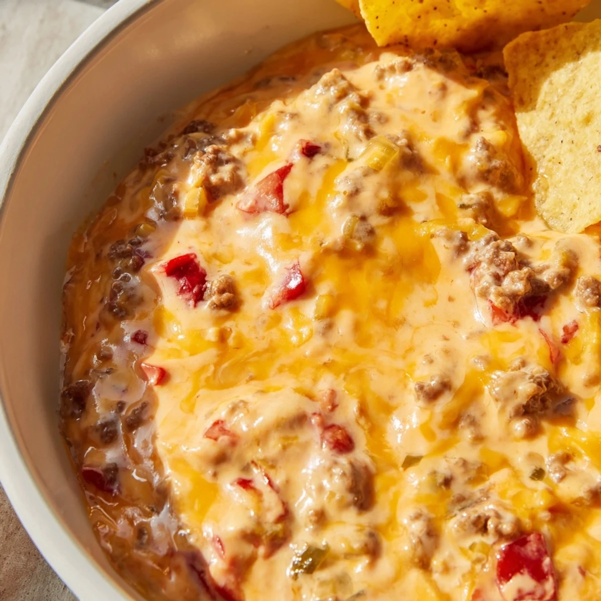 Creamy Crockpot Rotel Dip served warm with tortilla chips for game day