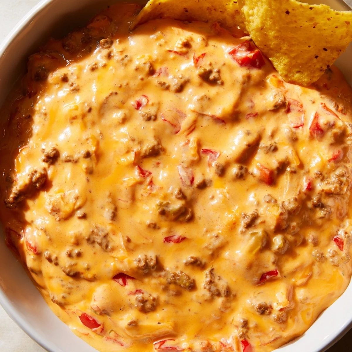 Bubbling Crockpot Rotel Dip topped with zesty tomatoes in a slow cooker