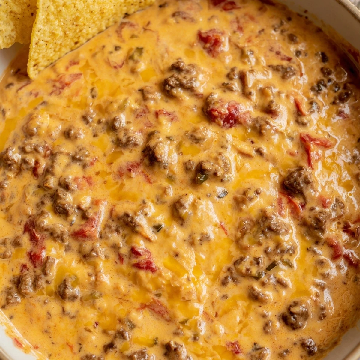 Thick and cheesy Crockpot Rotel Dip scooped up with crispy tortilla chips