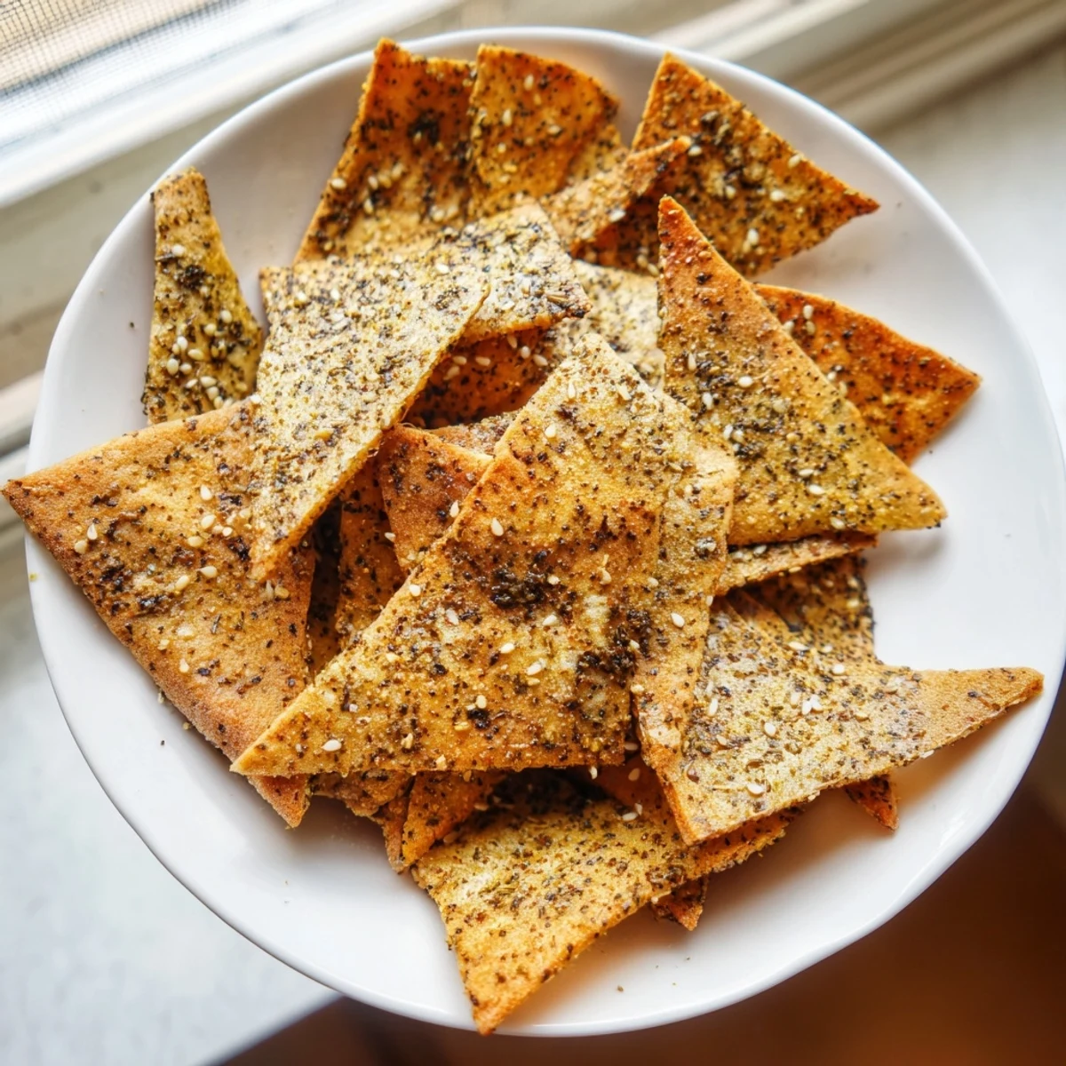 Crunchy baked zaatar pita chips served alongside creamy hummus in a dipping bowl