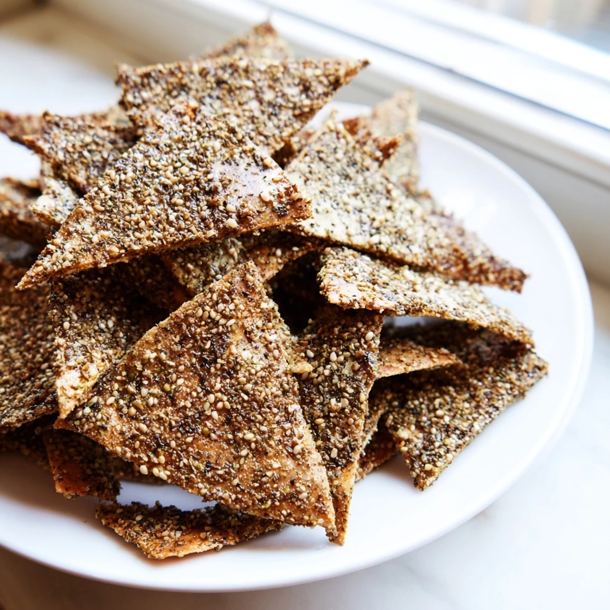 Golden crispy zaatar pita chips sprinkled with fragrant herbs on a rustic baking sheet