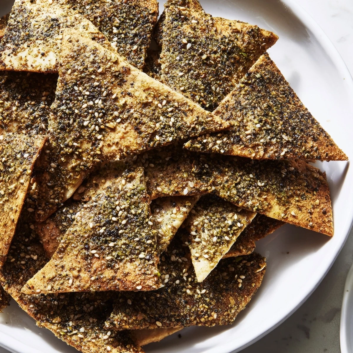 Warm zaatar pita chips fresh from the oven topped with olive oil and spices
