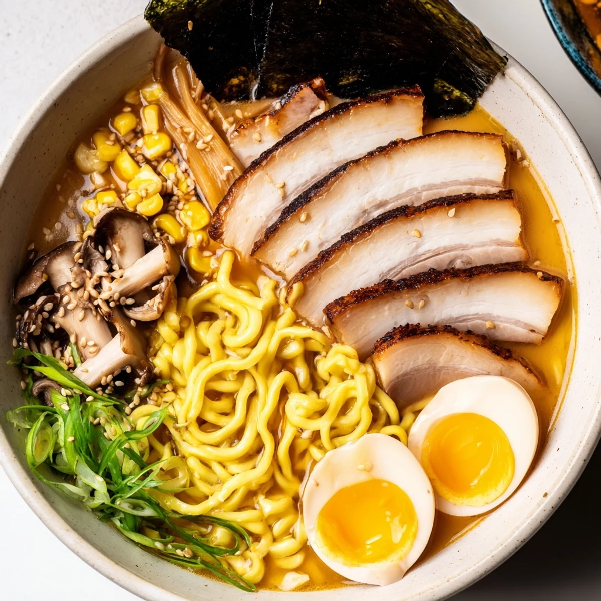 Steaming bowl of homemade ramen topped with soft-boiled eggs, sliced pork, and nori