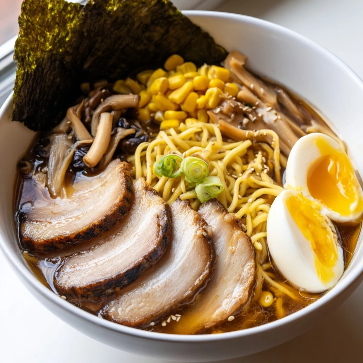 Rich ramen broth with tender noodles, shiitake mushrooms, and fresh spring onions