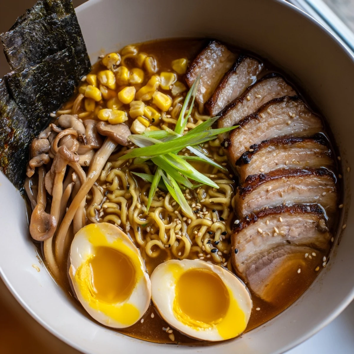 Warm comforting ramen served with halved egg, bamboo shoots, and toasted sesame seeds