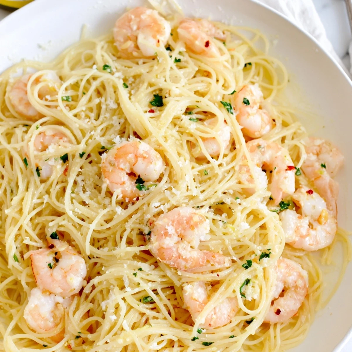 Sizzling garlic butter shrimp nestled over delicate angel hair pasta with Parmesan and lemon wedges