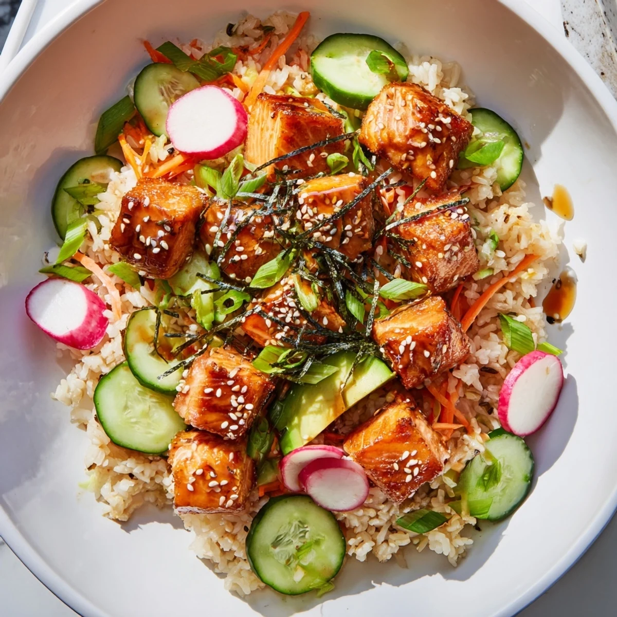Crispy salmon rice salad topped with golden seared fish and fresh vegetables