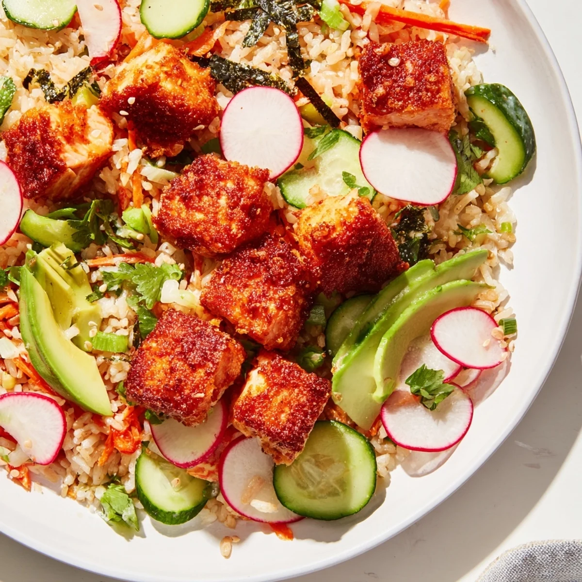 Crispy salmon rice salad drizzled with ginger dressing and sprinkled sesame seeds