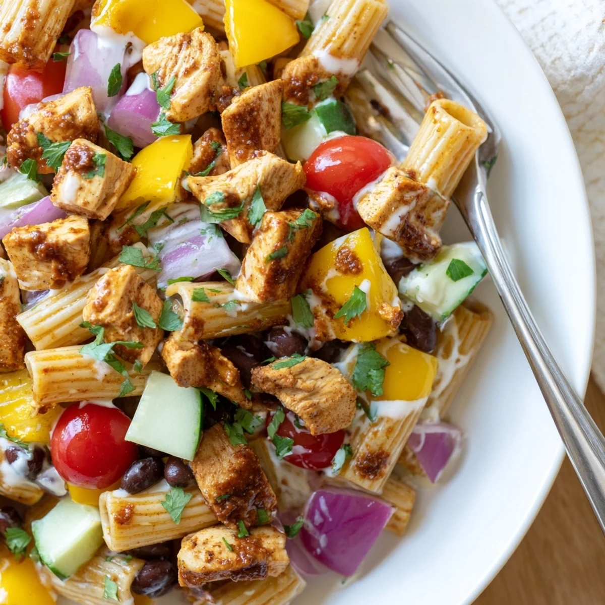 A vibrant BBQ chicken pasta salad in a large bowl with colorful veggies and creamy dressing.