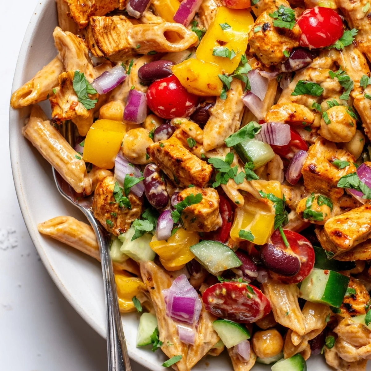 Bowl of smoky BBQ chicken pasta salad topped with cherry tomatoes, cilantro, and a zesty drizzle.