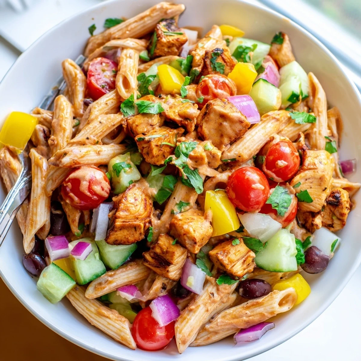 Hearty high-protein BBQ chicken pasta salad served fresh on a rustic wooden picnic table.