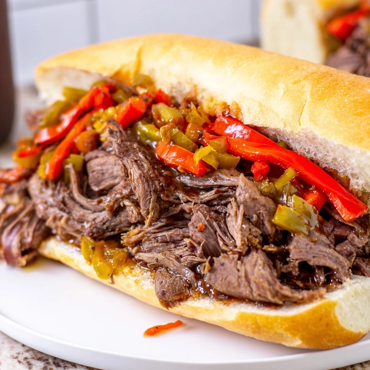 Juicy Chicago Style Italian Beef sandwich dripping with savory au jus and topped with spicy giardiniera peppers