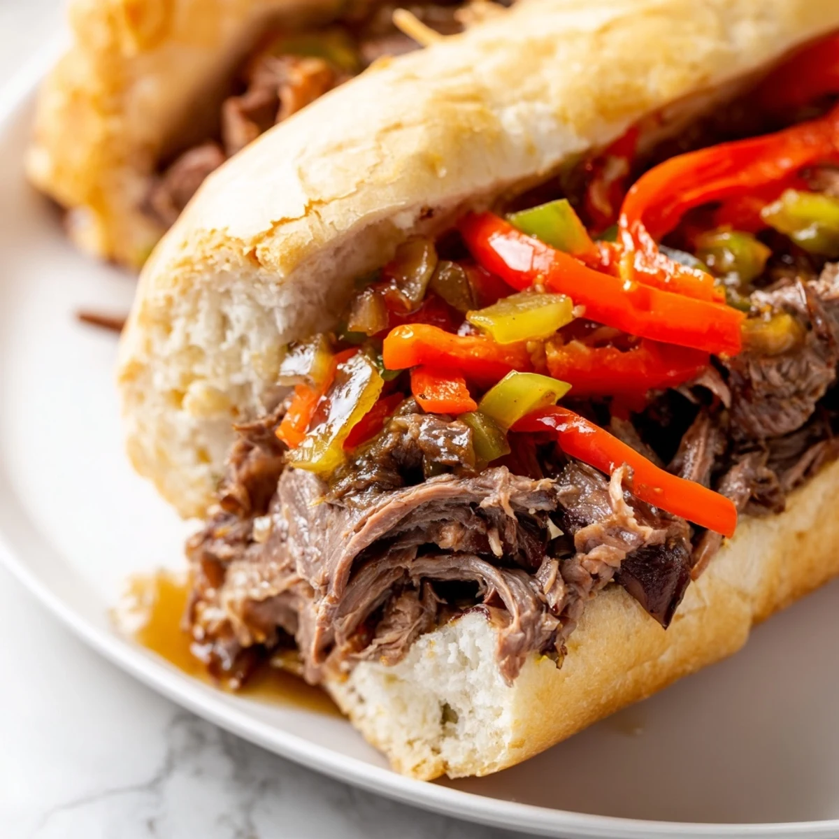 Tender sliced roast beef piled high on a crusty roll in this Chicago Style Italian Beef