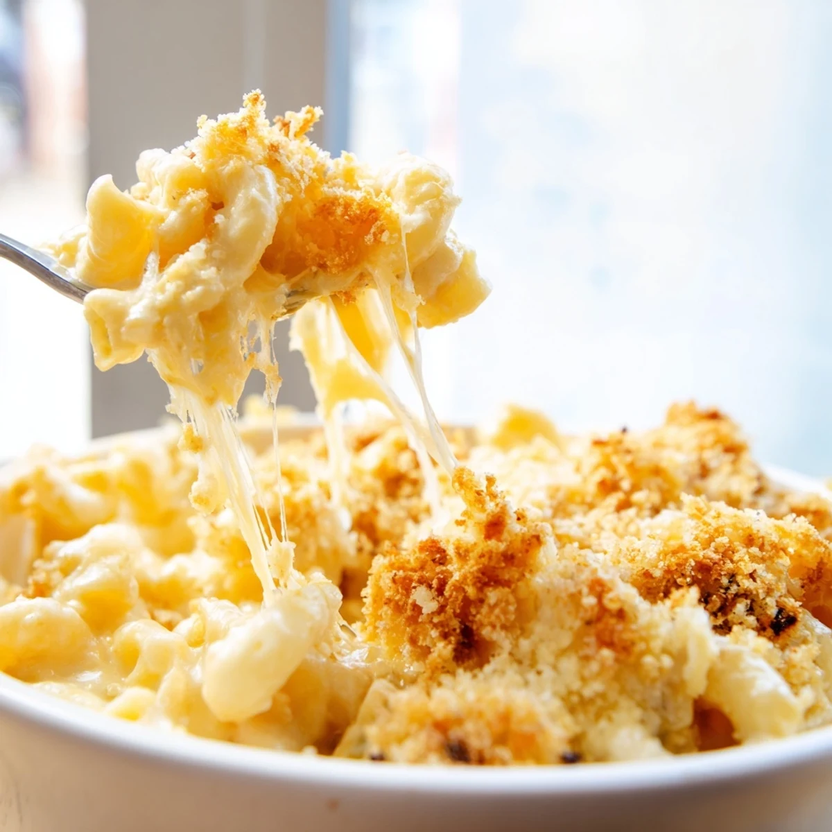 Creamy macaroni cheese with a golden breadcrumb topping served in a rustic baking dish