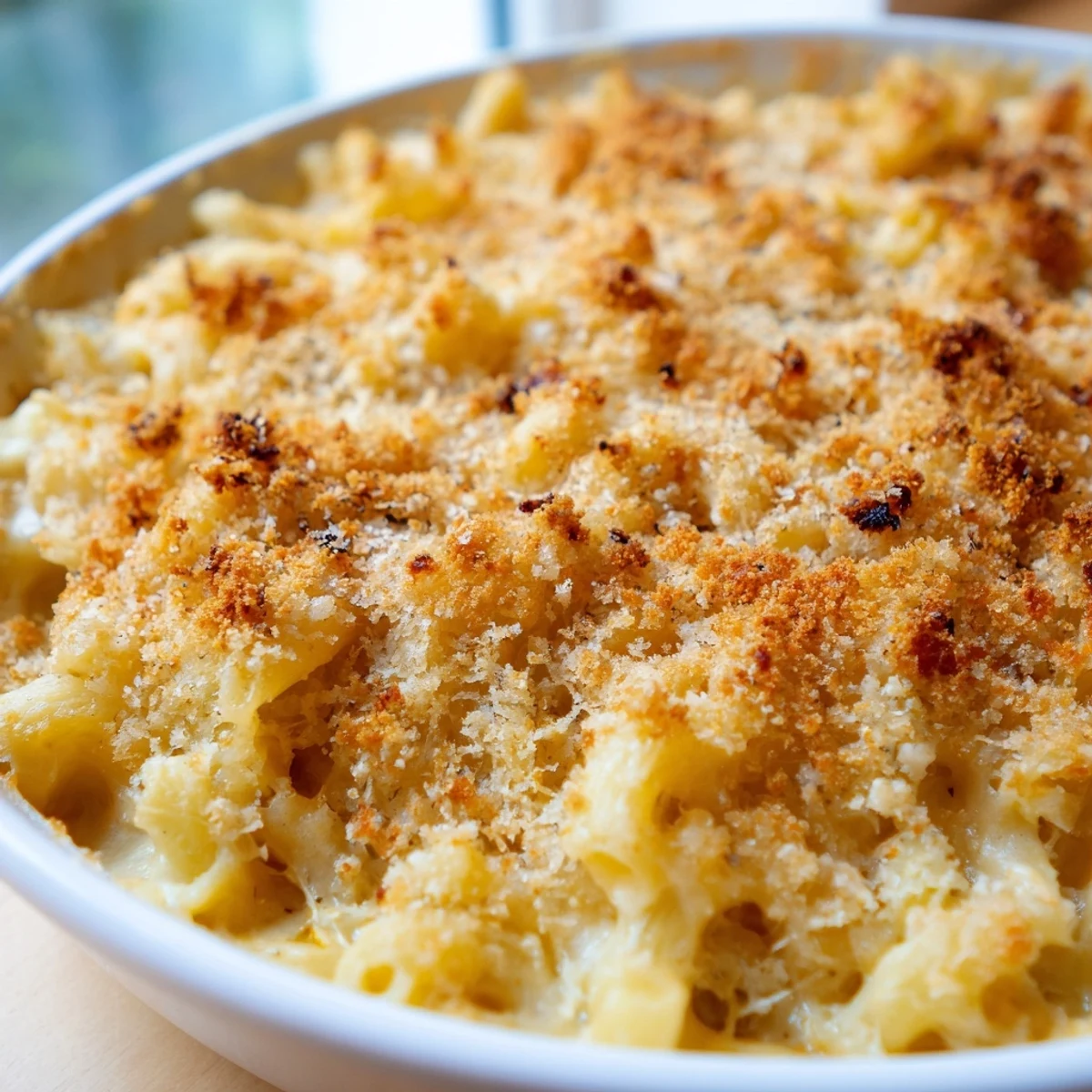 Bubbly baked macaroni cheese with melted cheddar and Gruyère pooling around tender pasta