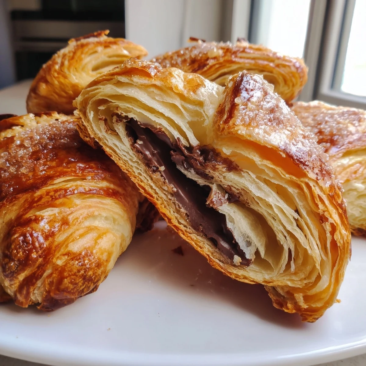 Flaky chocolate croissant cookies dusted with sparkling sugar on parchment paper