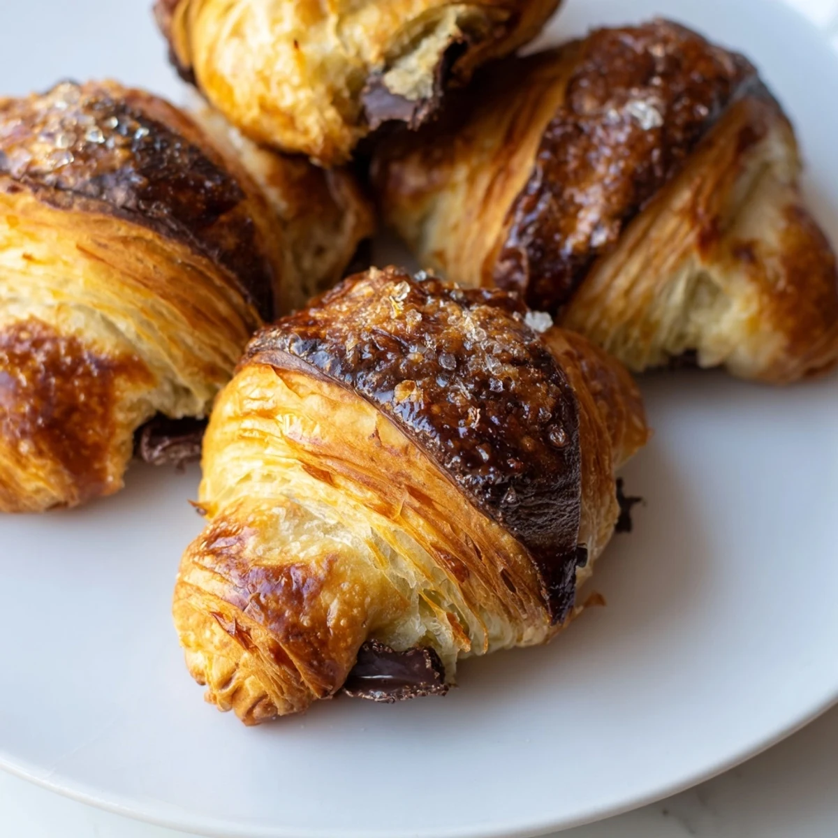 Buttery chocolate croissant cookies with rich melted chocolate oozing from flaky pastry