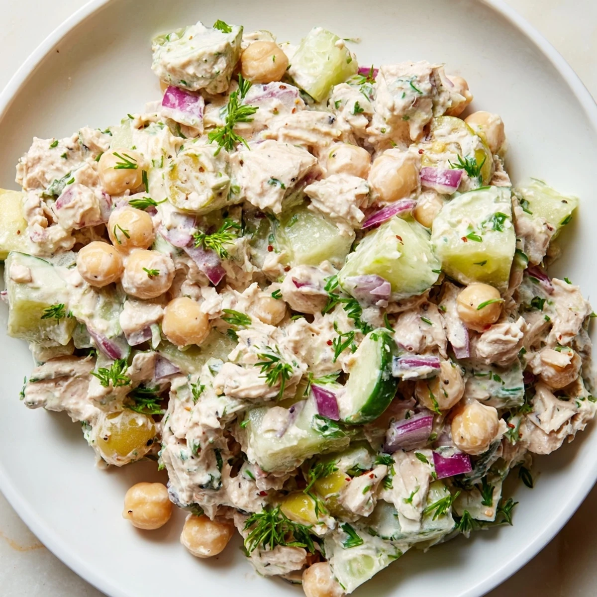 Hearty creamy tuna chickpea cucumber salad topped with cherry tomatoes and red onion