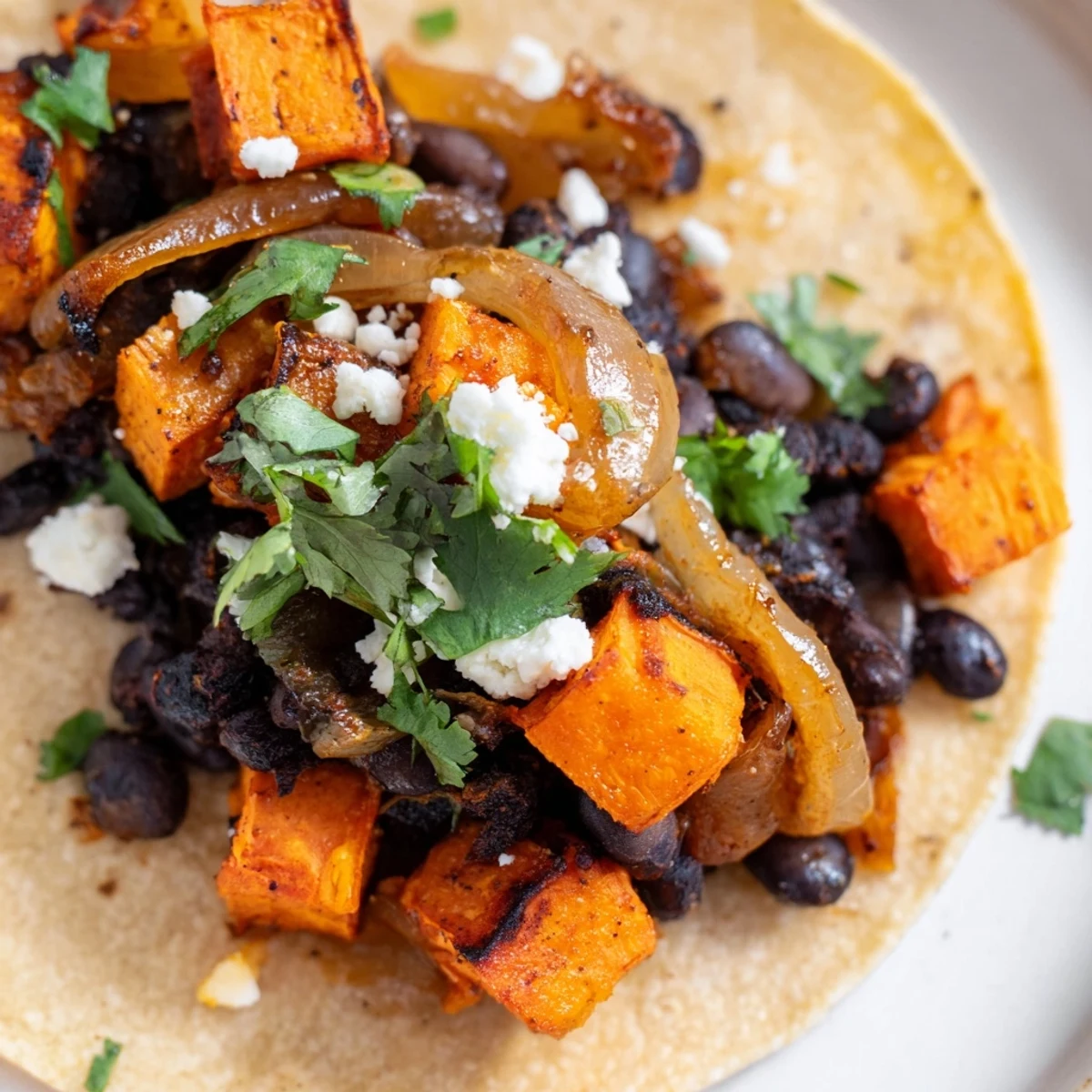 Golden crispy sweet potato bean tacos topped with caramelized onions and fresh cilantro on warm corn tortillas
