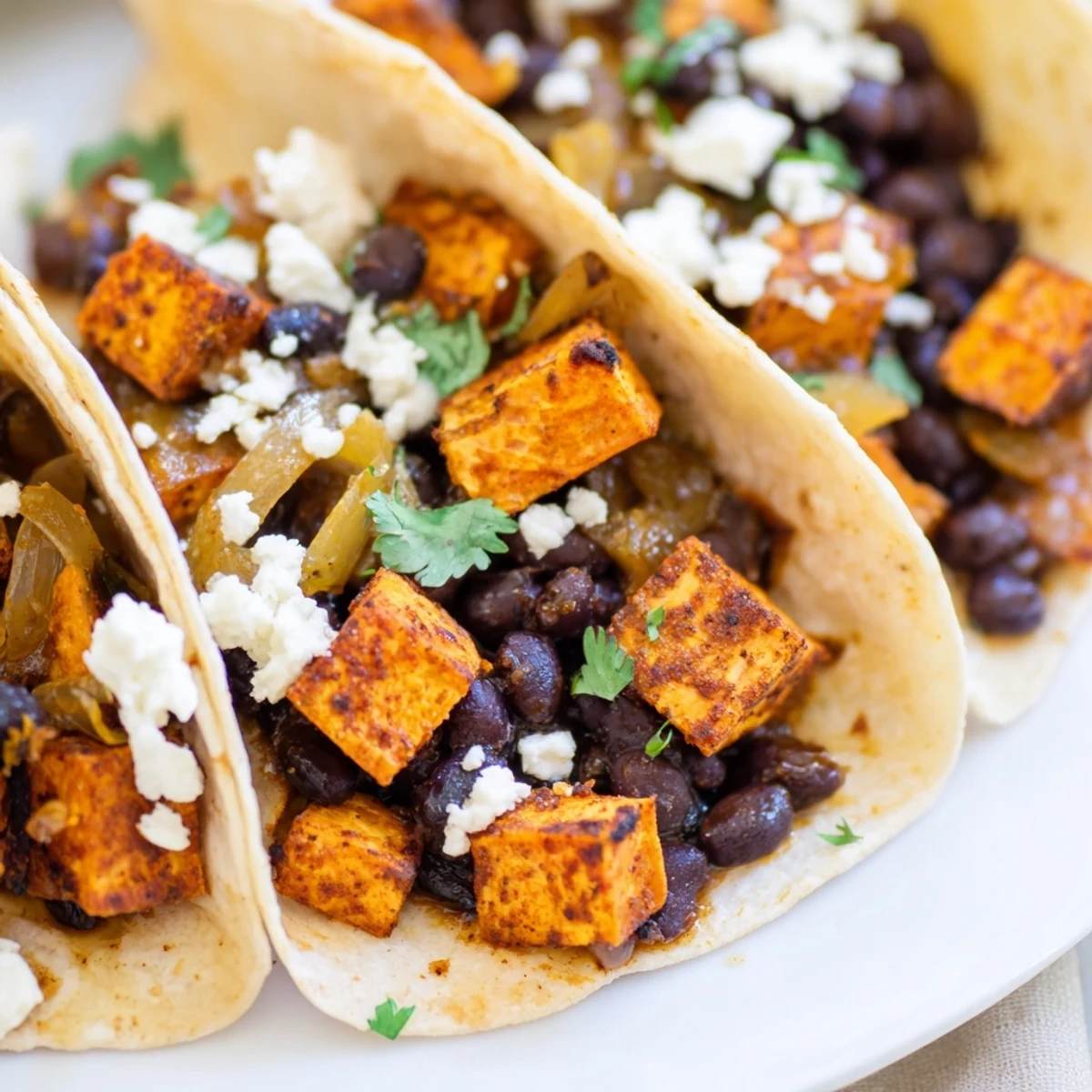 Crispy sweet potato bean tacos loaded with seasoned black beans, sautéed onions, and crumbled queso fresco