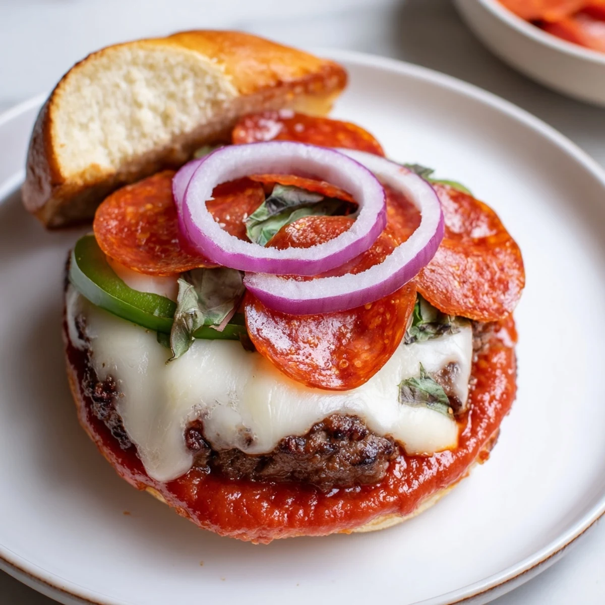 Juicy pizza burgers topped with melted mozzarella, pepperoni, and colorful bell peppers on toasted buns