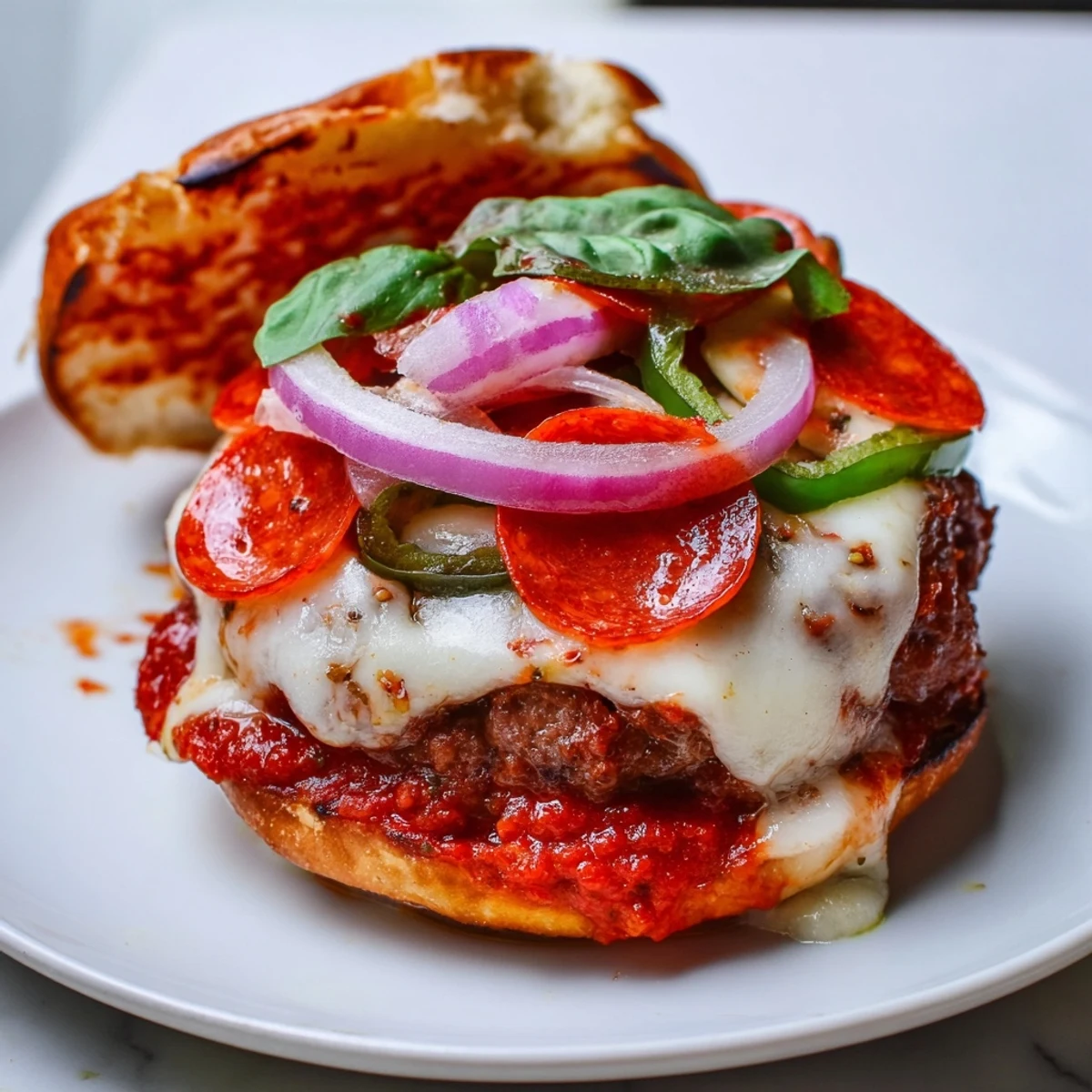 Golden pizza burgers with bubbling cheese and rich marinara sauce served hot on a platter