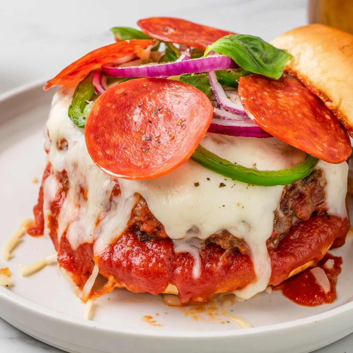 Hearty pizza burgers loaded with pepperoni and fresh basil, ready for a casual family dinner