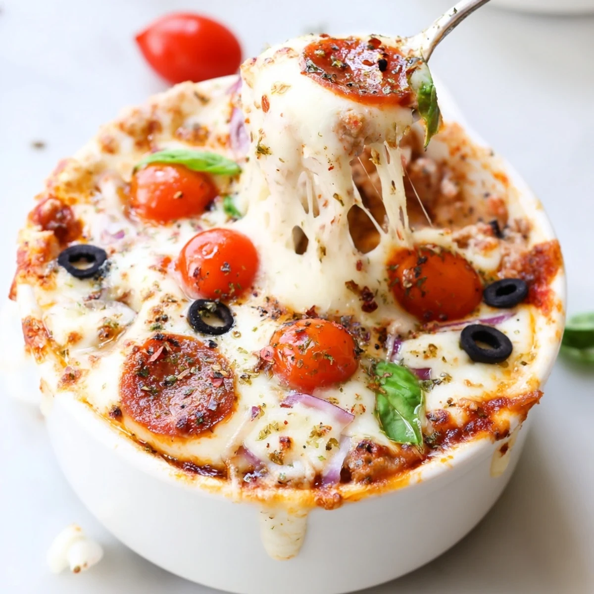 Cottage Cheese Pizza Bowl with bubbling mozzarella and colorful veggie toppings
