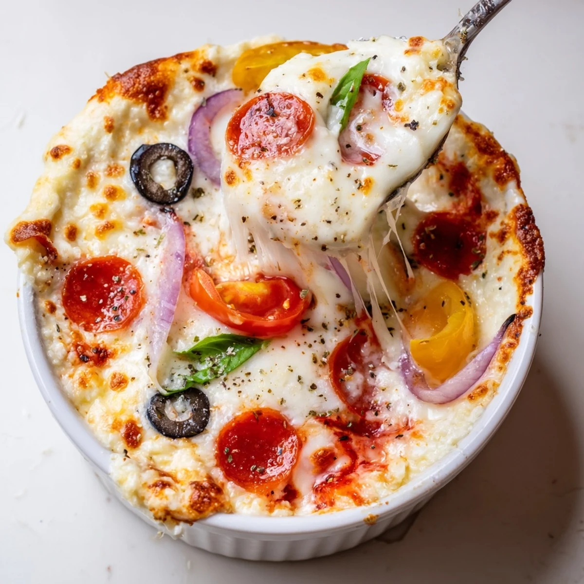 Cottage Cheese Pizza Bowl recipe featuring golden melted cheese and fresh basil garnish