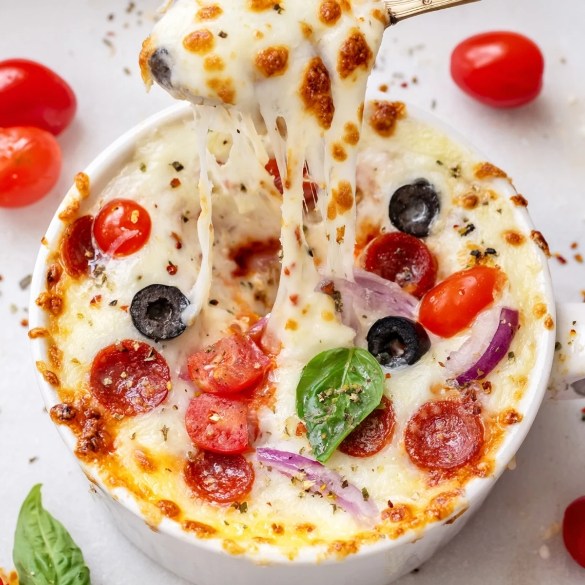 Warm Cottage Cheese Pizza Bowl served in a ramekin with pepperoni and marinara