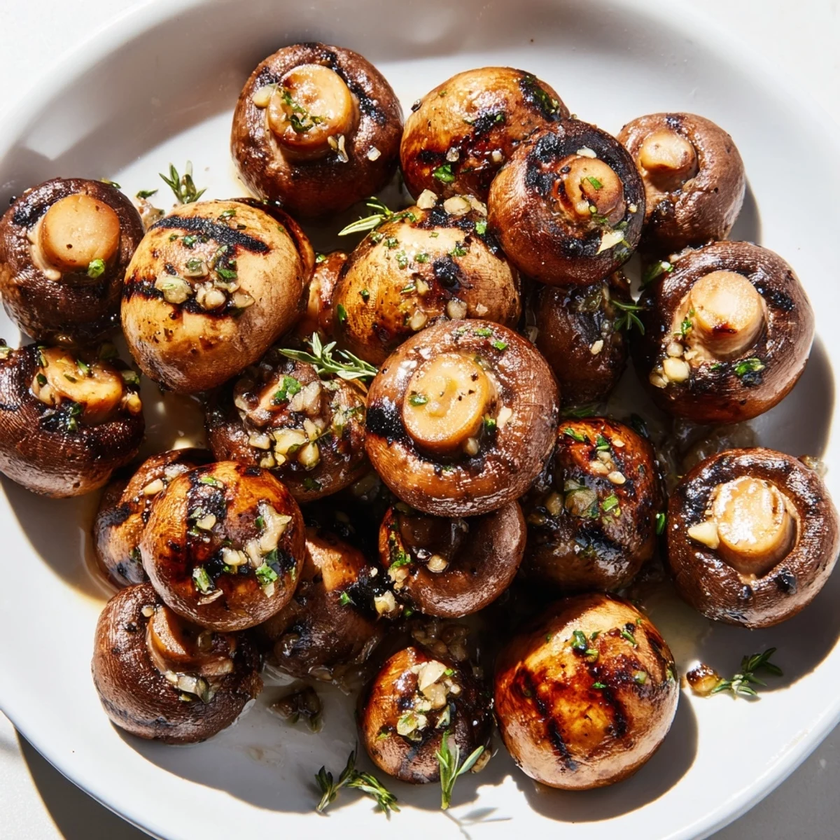 Juicy grilled garlic butter mushrooms with charred edges on a rustic platter