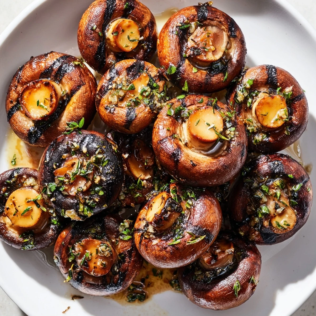 Tender marinated grilled mushrooms coated in rich garlic butter served steaming hot